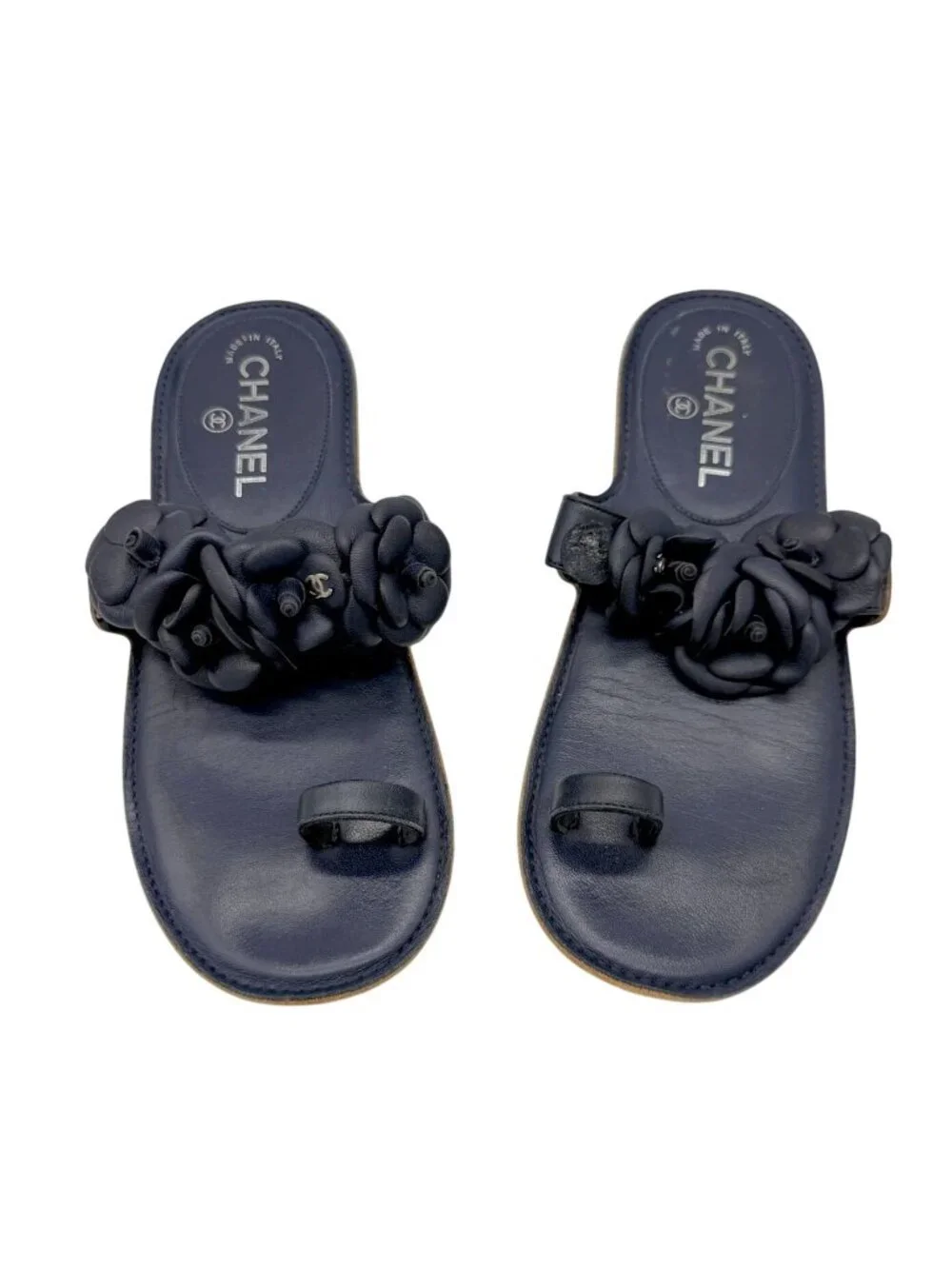 Chanel Camellia CC Logo Leather Sandals Navy Blue - Size 7 - Picture 2 of 7